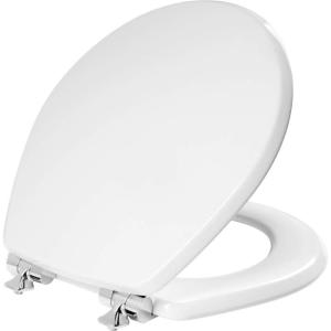 imageMayfair Bennett Toilet Seat with Matte Black Hinges Slow Close Wood Seat Secure Metal Hinges Easy Install Made in USA Round WhiteChrome