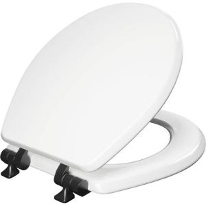 imageMayfair Bennett Toilet Seat with Matte Black Hinges Slow Close Wood Seat Secure Metal Hinges Easy Install Made in USA Round WhiteMatte Black