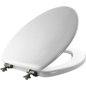 imageMAYFAIR 1844BNA 000 Toilet Seat with Brushed Nickel Hinges will Never Come Loose ELONGATE White  Brushed NickelElongated